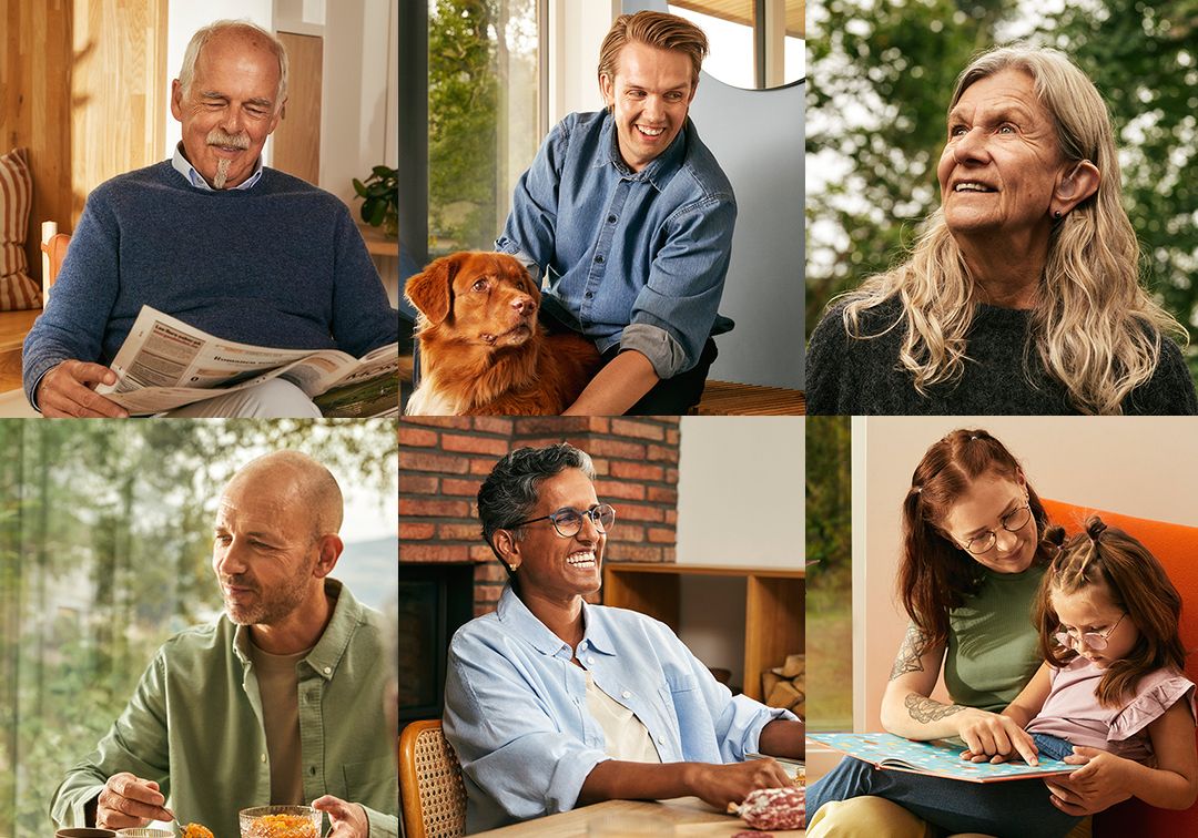 Collage av seks portrettbilder av personer med hørselstap, i hverdagslige situasjoner.